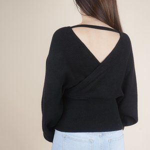 Open Back Dolman Sleeve Fine Ribbed Wrap Sweater  in Black